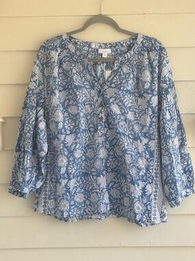Pure Jill Hand Block Printed Foral 3/4 Sleeve Cotton Top Size Large NWT